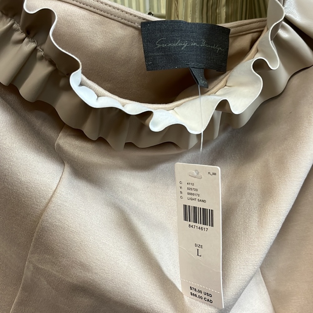 Sunday in Brooklyn One-Shoulder Ruffled Faux Leather Top. Light Sand color - Picture 5 of 6